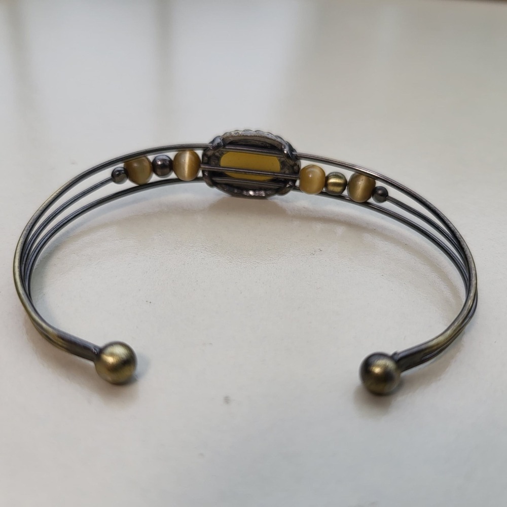 Vintage Cuff Bracelet Yellow Bronze Cat's Eye Bead Triple Wire - Picture 2 of 7